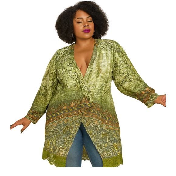One World Plus Size Kimono Abstract Floral Green Orange Size 1X NWOT - Picture 1 of 10